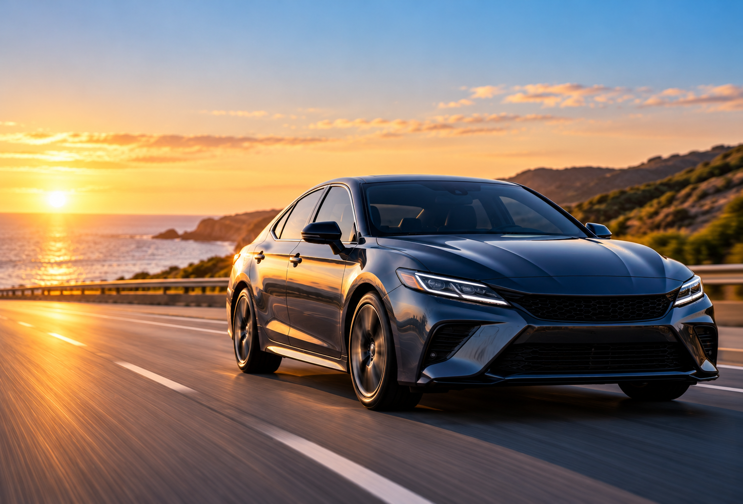 Luxury blue sedan driving along a scenic coastal highway at sunset